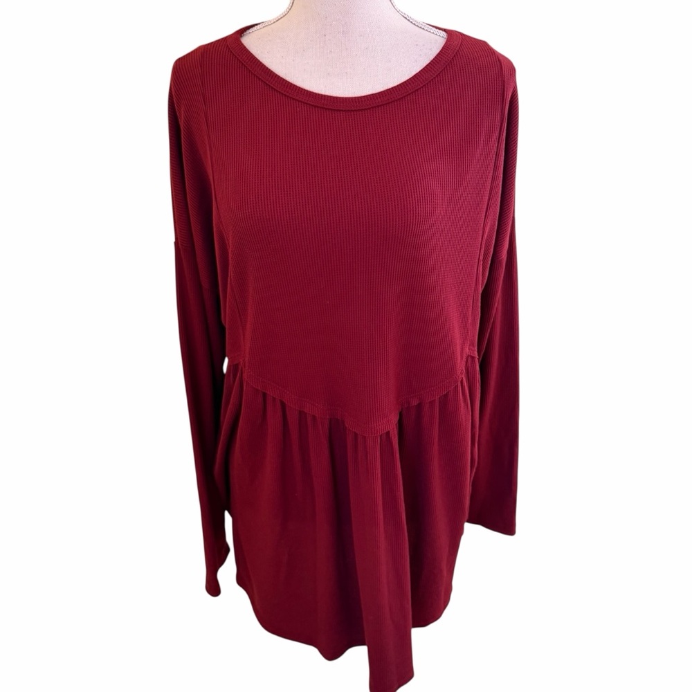 Arula Wine Red Long Sleeve Waffle Knit Peplum Top 1X